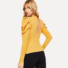 Gender: Women Item Type: Tops Tops Type: Tees Material: Polyester Material: Spandex Style: Office Lady Fabric Type: Broadcloth Sleeve Length(cm): Full Decoration: Button Clothing Length: REGULAR Pattern Type: Solid Collar: Stand Sleeve Style: REGULAR Model Number: tee180814701 UID: 180913237 Color: Ginger Material: 95% Polyester, 5% Spandex Neckline: Stand Collar Sleeve Length: Long Sleeve Pattern Type: Plain Decoration: Button, Cut Out Style: Elegant Fabric: Fabric has some stretch Season: Spri Yellow Stretch Long Sleeve Top, Yellow Stretch Solid Color Top, Trendy Yellow Solid Color Top, Trendy Yellow Stretch Blouse, Mutton Sleeve, Leg Of Mutton Sleeve, Style Office, Office Lady, Fashion 2020