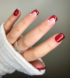 Nails At Christmas, French Santa Hat Nails, Red Nails With Santa Hat, December Nails Simple Square, Square Santa Hat Nails, Red Santa Hat Nails, Santa Hats Nails, Simple Christmas Nail Ideas Acrylic, Sparkly Red Tip Nails