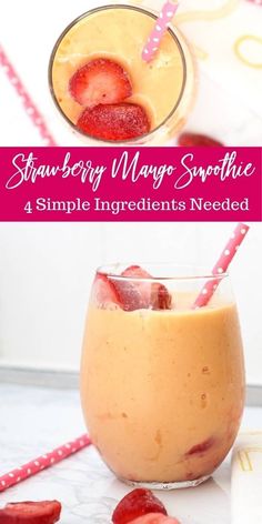 strawberry mango smoothie in a glass with strawberries on the side and text overlay