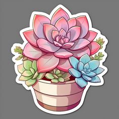 a flower pot with succulents and leaves on a gray background sticker