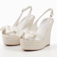 About Item: Used Once For My Wedding. These Wedges Are Extremely Comfortable To Be In For A Long Period Of Time. They Are Gorgeous And The Yute Surrounding Them Is White/Pearl Color. Has A Few Marks, And Some Stains Of Dirt In The Insole, When Worn Can't See It. In Great Condition. Only Used Once. Shoes - 81z20rasoa0 Satin Wedding Wedges With Esparto Sole, Bow Detail And 100-Mm Heel, In Natural. Size: 10 (Euro 40) Fit Like A 9.5 Color : White (Satin) Bridal Wedges, Wedding Wedges, Wedge Wedding Shoes, Wedding Dress Accessories, Satin Wedding, Shoe Obsession, Wedge Espadrille, Womens Shoes Wedges, Couture Collection