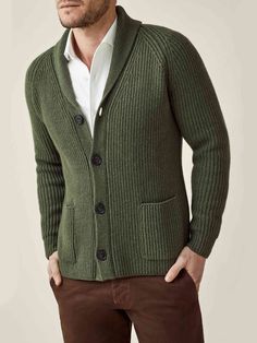 Dark Green Chunky Knit Cashmere Cardigan | Luca Faloni Classic Fitted Wool V-neck Sweater, Classic Sweater With Shawl Collar For Work, Classic Shawl Collar Sweater For Work, Elegant Wool Cardigan With Shawl Collar, Knit Shawl Collar Cardigan For Work, Wool Cardigan For Formal Winter Occasions, Elegant Cashmere Sweater With Shawl Collar, Classic Fitted Knitted Cardigan, Elegant Cashmere Cardigan With Shawl Collar