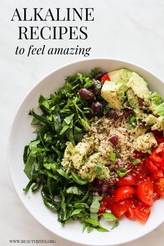 a white bowl filled with different types of food and the words alkaine recipes to feel amazing