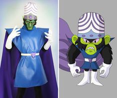 two different costumes, one in blue and the other in purple with an angry grin on it