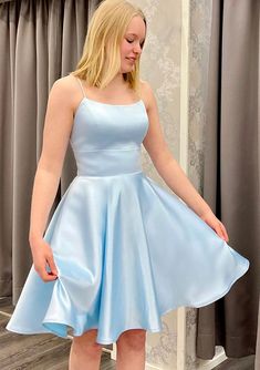 Looking For One Perfect Homecoming Dress? This Homecoming Dress is made-to-order by professional tailors. Available In Over 60 Colors. Regular sizes 2 to 16 and plus sizes 14W to 26W. Custom size is also available.More details:Silhouette:A-line.Neckline:Square Neckline.Sleeve:Sleeveless.Wrap:No.Trend Collections:Open Back,Vintage Inspired,Corset,Sexy,Tight,Fitted.Back Type:Crisscross Back.Back Style:Crossed Straps.Size:General,Plus.Fabric:Satin.Length:Short/Mini.Shown Color:Sky Blue.Fully Lined: Blue Satin Prom Dress, Blue Graduation Dresses, Dresses Light Blue, Backless Homecoming Dresses, Custom Made Prom Dress, Short Graduation Dresses, Formal Dresses Graduation, Satin Homecoming Dress, Blue Homecoming Dresses