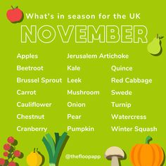 a green poster with the words what's in season for the uk november