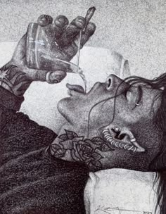 a drawing of a man holding a glass with something in it's hand while laying down