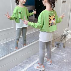 2-piece Animal Pattern Suit for Girl - PrettyKid Green Casual Sets With Cartoon Print, Casual Green Sets With Cartoon Print, Green Cartoon Print Sets For Spring, Casual Long Sleeve Cartoon Print Set, Casual Long Sleeve Sets With Cartoon Print, Trendy Green Long Sleeve Sets, Casual Green Sets For School, Casual Green School Sets, Green Cotton School Sets