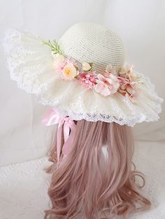 This price is for a hat only, others are not included. The color options are the flowers' color on the hat. Lolita Accessories:Floral Design Size Free Size Hat Brim 10 White Brimmed Mini Hats For Vacation, White Wide Brim Mini Hats For Summer, White Wide Brim Mini Hat For Vacation, Summer White Wide Brim Mini Hats, Pink Flat Brim Bucket Hat For Spring, Spring Pink Flat Brim Bucket Hat, Pink Brimmed Summer Boater Hat, Whimsical Brimmed Sun Hat For Summer, White Brimmed Mini Hat For Summer