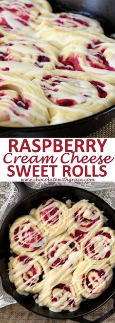 raspberry cream cheese sweet rolls in a cast iron skillet