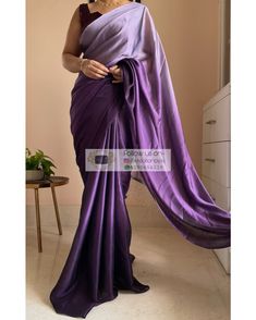 1.Fabric: Georgette Silk   2.Work: Dip-dyed in ombré shades. The saree pallu has a handmade cutdana tassel border intricately sewn to it. 3.Colour: Shades of Purple 4.Length: 5.5 metre Width: 44 inches approx  5.Blouse piece: Unstitched  Colour: Eggplant Wine Length: 1 metre  Fabric: satin Work: plain  6.Care: DRY WASH Ombre Saree, Saree Color Combinations, Farewell Sarees, Purple Saree, Plain Saree, Yellow Saree, Satin Saree, Saree Trends, Hand Dyed Fabric