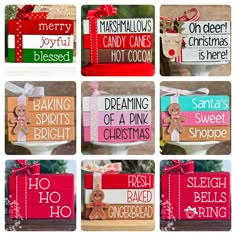 six different christmas signs with gingerbreads and sayings on them, all decorated in red, green, white, and pink