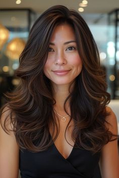 a woman with long brown hair is smiling for the camera while wearing a black dress