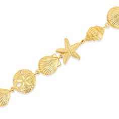 "14k solid gold seashell bracelet with lobster claw lock. measures 1/2\" wide by 7\" long. high polish finish." Elegant Shell Jewelry With Lobster Clasp, Elegant Gold Shell Bracelets, Elegant Gold Shell With Lobster Clasp, Elegant Gold-tone Beach Jewelry, Elegant Gold-tone Jewelry For Beach, Ocean-inspired Gold Shell With Lobster Clasp, Elegant Yellow Gold Beach Bracelets, Ocean-inspired Gold Shell Bracelets, Seashell Bracelet