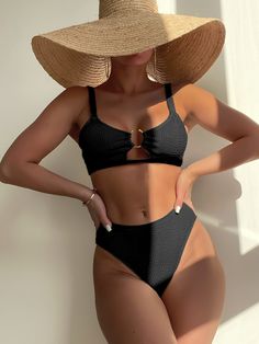 Black Elegant    Plain  Embellished High Stretch  Women Beachwear Triangle Swimsuit, 2 Piece Swimsuits, Summer Bikinis, Waist Line, Black Swimsuit, Chest Pad, Bra Tops, Types Of Collars, Sleeve Sweater