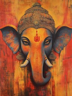 an elephant painted in orange, yellow and blue colors with a headdress on it's face