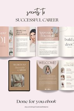 an open brochure with the words, secrets to successful career and a pink background