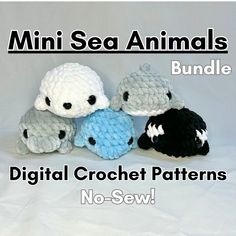 three crocheted stuffed animals sitting next to each other on a white background with the words mini sea animals bundle