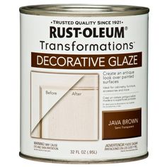 a can of rustoleum with white paint on the side and brown trim around it