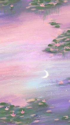 an abstract painting of water lilies and pink clouds in the sky with stars above them