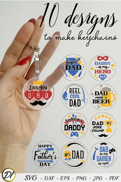 a hand holding a keychain that has various designs on it and the words, 10 designs to make brightens up your day