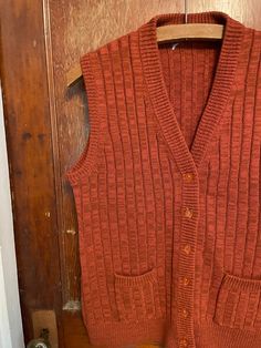 Lovely 70s space dye vest. Probably acrylic. Nutmeg color. Two pockets and buttons down the front.  Shoulder 13" Chest 18" Length 23.5" Vest Outfits, Vintage 70s, Gender Neutral, Art Collection, Bathing Beauties, Adult Outfits, Display Homes, Dye, Electronic Accessories