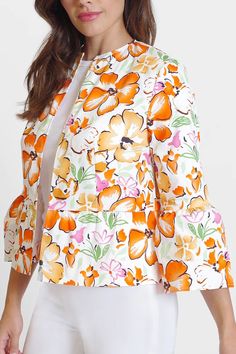 This Peace Of Cloth jacket is a perfect addition to your wardrobe. Timelessly designed with a classic floral print, this crepe jacket features a flattering open-front silhouette and 3/4-length sleeves for a stylish finish. Chic Printed Spring Blazer, Spring Floral Print Outerwear For Work, Spring Floral Print Blazer For Work, Casual Floral Print Blazer, Chic Spring Floral Print Outerwear, Chic Printed Spring Outerwear, Chic Spring Outerwear With Floral Print, Chic Floral Print Outerwear For Spring, Fitted Floral Print Spring Outerwear