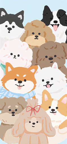 a bunch of dogs that are all together on a blue and white background with the same dog's face