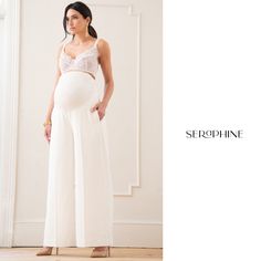 Featuring a strong and elegant silhouette, Seraphine's wide-leg over bump trousers in an ivory colourway offer an ideal option for the bride who's looking for something a little different on her wedding day. Feminine Cream Bottoms For Wedding, Feminine Cream Wedding Bottoms, White Wide-leg Pants For Wedding, Chic Full Length Wide Leg Pants For Wedding, White Wide-leg Wedding Pants, Fitted White Wide Leg Pants For Weddings, Chic White Wide Leg Pants For Wedding, Baby Wearing Coat, Maternity Dress Outfits