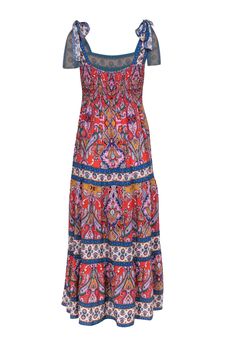 Get ready to turn heads in this dreamy dress from Shoshanna! This stunning midi features tie straps and a flowy tiered skirt, adorned with an artful mix of floral and paisley patterns in vibrant colors. Perfect for any sunny occasion, this dress will make you feel effortlessly beautiful. Style with a woven sandal or add some glam with metallic gold heels. Size 10 55% Viscose, 45% Rayon Unlined Hidden back zip Tie-shoulder straps Smocked back Square neckline A-line silhouette Bust 33" Waist 36" Shoulder to hem 52.5" Bohemian Tiered Midi Dress For Dress Down, Bohemian Paisley Print Midi Dress For Summer, Bohemian Midi Dress With Paisley Print For Summer, Bohemian Flowy Printed Dresses, Bohemian Printed Flowy Dress, Summer Paisley Print Patterned Midi Dress, Bohemian Printed Dresses With Flowy Skirt, Bohemian Style Printed Dress With Flowy Skirt, Summer Tiered Boho Print Dress