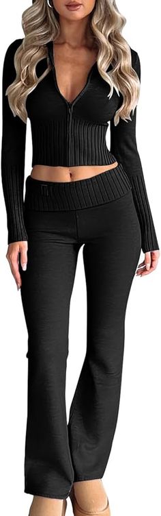 Amazon.com: ELKRTG 2-teiliges Strick-Outfit für Damen, langärmelig, bauchfrei, mit Reißverschluss, Y2k, hohe Taille, Skinny Hose, Lounge-Sets, Schwarz : Kleidung, Schuhe & Schmuck Sweater Lounge Set, Sweater Lounge, 2 Piece Outfits For Women, Knit Sets, Simple Outfits For School, Trendy Sweaters, Trendy Fashion Outfits, Autumn Fashion Casual, Outfits For Women