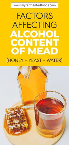 honey and syrup on a wooden tray with the words, factoring alcohol content of mead