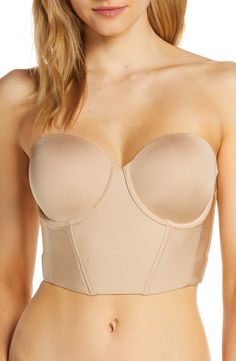 Create a flawless foundation with this smooth longline bra supported by hidden underwires, boning and molded cups. Transform it from strapless into a classic over-the-shoulder style, a halter, racerback or one-shoulder silhouette with the convertible straps. Removable, adjustable straps 76% nylon, 24% elastane Hand wash, dry flat Imported Lingerie Underwire Tube Top With Built-in Bra For Night Out, Elegant Push-up Corset With Built-in Bra, Elegant Tube Top With Built-in Underwire Bra, Elegant Stretch Bra Friendly Tube Top, Elegant Stretch Tube Top, Bra-friendly, Elegant Stretch Tube Top With Removable Bra Pads, Elegant Fitted Tube Top With Removable Bra Pads, Strapless Padded Corset, Bandeau Tube Top With Built-in Bra