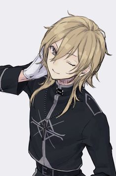 an anime character with long blonde hair and black clothes, holding his hand to his ear