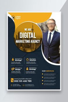 a blue and yellow business flyer with an image of a man in a suit on it