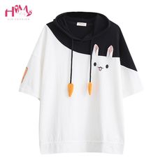 A Kawaii japanese-inspired bunny hoodie with carrot laces that would totally rock your day. Chat Kawaii, Bunny Hoodie, Style Kawaii, Japanese Harajuku, Kawaii Harajuku, Pink Rabbit, Short Sleeve Hoodie, Mori Girl, Drawstring Hoodie