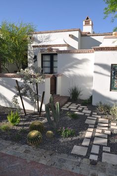 a white house with cactus in front of it