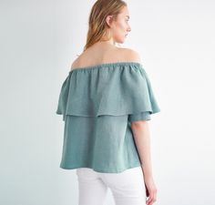 "THALIA off-the-shoulder top is flirty and fun. DETAILS - Elastic neckline - Off the shoulder design - Oeko-Tex certified 100% local washed midweight linen - Cut and sewn to order just for you in our studio COLOR - Dark turquoise, you can also choose other colors above - Fabric samples are available here https://www.etsy.com/listing/586569696/linen-fabric-samples SIZING & FIT - Relaxed, loose fit - Length is approximately 55 cm / 21.5 inches - Measurements taken from a size S - Model is 5'10 Wide Leg Linen Trousers, Ruffle Linen, Linen Crop Top, Studio Color, Linen Tank Top, Linen Tee, Linen Tank, Dark Turquoise, Linen Blouse