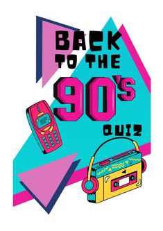 back to the 90's quiz poster with an old school radio and boombox