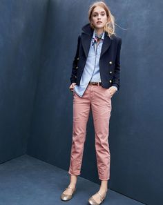 J.Crew women's double-breasted coat, pajama shirt, distressed boyfriend chino… Stile Casual Chic, Pink Chinos, 가을 패션, Blazer Outfits, 2016 Fashion, Mode Inspiration, Work Fashion