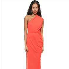 Long One Shoulder Drape Gauze Dress. Color “Vermilion”(Coral/Red). Red Pre-draped Maxi Dress, Red Fitted Draped Maxi Dress, Elegant Red Pre-draped Maxi Dress, Red Draped Maxi Dress For Summer, Red Pre-draped Maxi Dress For Party, Red Pre-draped Draped Dress, Red Pre-draped Dress For Gala, Summer Evening Dress For Red Carpet, Red Draped Midi Dress For Formal Occasions