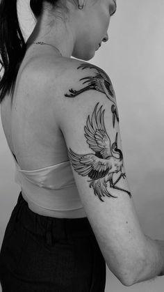 Black Work Style Tattoo, Black And Grey Crane Tattoo, Crane And Peony Tattoo, 2 Cranes Tattoo, Japanese Crane Back Tattoo, Crane Flying Tattoo, Crane Flower Tattoo, Traditional Sandhill Crane Tattoo, Asian Crane Tattoo