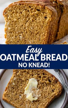 easy oatmeal bread no knead on a white plate with text overlay