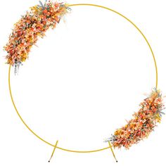 an orange and yellow wreath with flowers on it in the middle of a gold circle