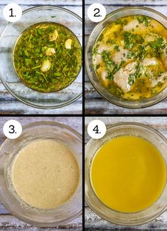 four pictures showing the steps to make chicken broth in glass bowls with sauces and seasonings