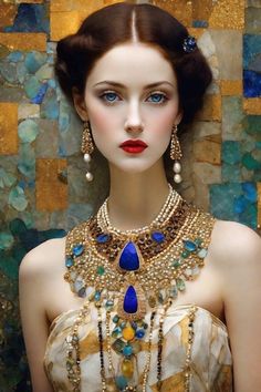 a woman with blue eyes wearing an elaborate necklace and earring in front of a mosaic wall