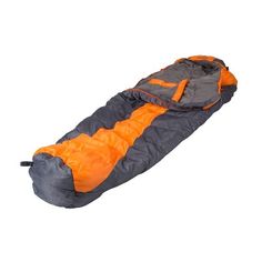 an orange and gray sleeping bag on a white background