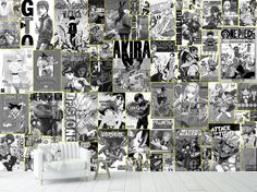 the wall is covered with many different anime characters and their names on it, all in black and white