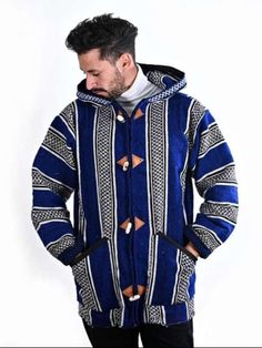 Moroccan Djellaba Cardigan kaftan for men, Traditional Moroccan Sweater for Men, Striped color scheme Djellaba Cardigan is a Moroccan traditional sweaters, characterized by its weight because it is made to protect the Amazigh people of the region against the cold during the winter.  Almost all djellabas of both styles (male or female) include a baggy hood called QOB (Arabic: قب) that comes to a point in the back. The hood is of vital importance to both sexes because it protects the user from the Traditional Hooded Outerwear For Festival, Blue Bohemian Outerwear With Pockets, Bohemian Blue Hooded Outerwear, Blue Bohemian Hooded Outerwear, Traditional Hooded Winter Outerwear, Blue Long-sleeve Outerwear For Festivals, Blue Long Sleeve Outerwear For Festivals, Traditional Long Coat For Winter, Traditional Winter Outerwear With Pockets