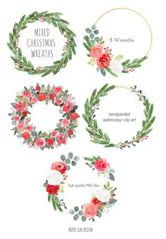 christmas wreaths with red flowers and greenery